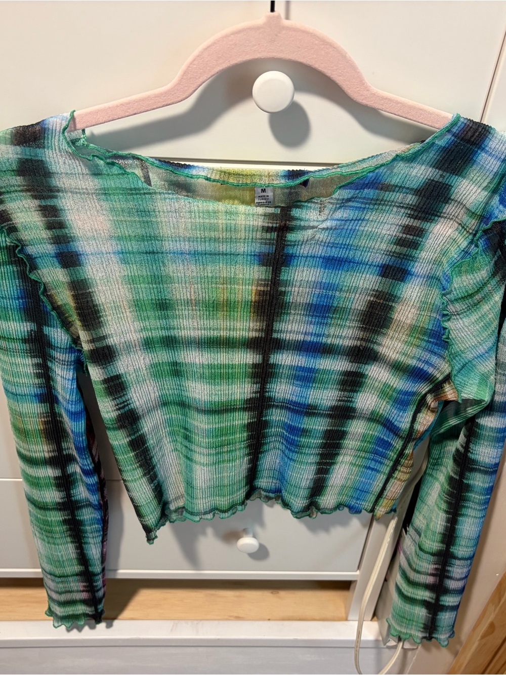 Urban Outfitters Green and Blue Plaid Ribbed Long-Sleeve Top